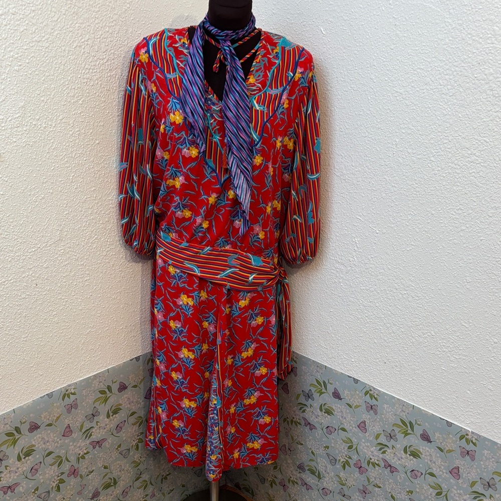Vintage 1980’s Diane Freis vibrant georgette floral blouse and skirt set Size XL